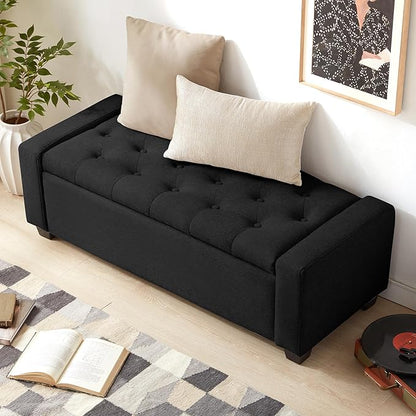 48" Ottoman with Storage, Black Storage Ottoman Bench with Safety Hinge, Upholstered Entryway Bench with Seating for Bedroom, Living Room, Holds up to 330 lb