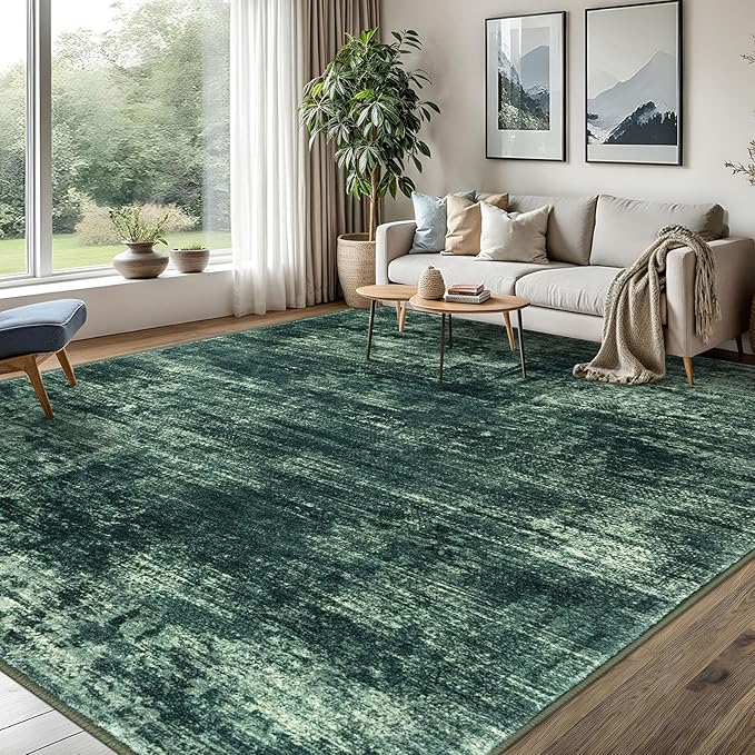 IOHOUZE Abstract Area Rugs 8x10 Ft Washable Large Rugs for Living Room, Non Slip Dining Room Rug, Printed Faux Wool Rugs for Bedroom, Floor Carpet for Office Nursery Playroom, Dark Green