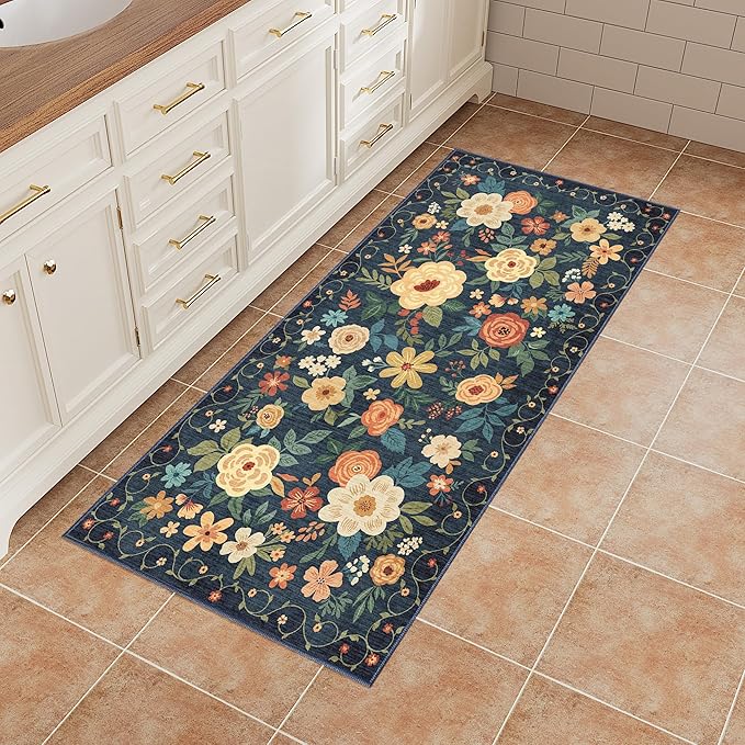 DUKINO 2x4 Rug for Entryway, Washable Kitchen Floral Runner Rug with Non Slip Backing, Low Pile Soft Boho Carpet for Kitchen, Hallway, Entryway, Laundry, Bedroom, Navy Blue