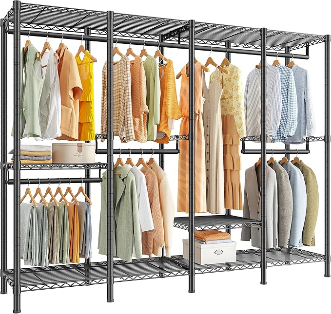 Raybee Heavy Duty Clothes Rack for Hanging Clothes,Clothing Rack with Shelves, Adjustable,76" W x 77" H x 18" D,Max Load 1150lbs,Black