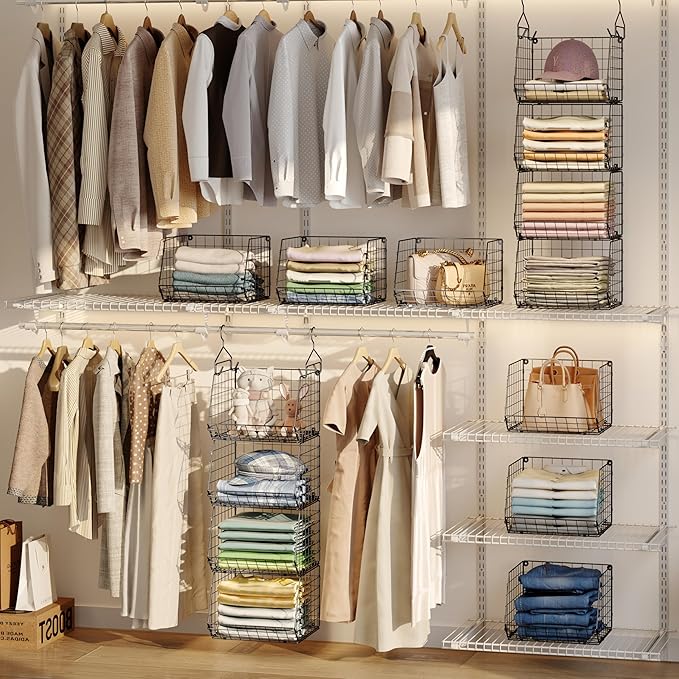 4 Tier Closet Hanging Organizer, Closet Organizers and Storage with 5 S Hooks, Closet Hanging Shelves & Freestanding Wire Storage Basket Bins, for Clothing Shoes Handbags Clutches Accessories Patent