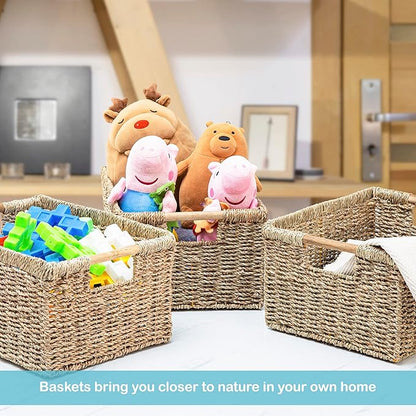 Large Wicker Storage Basket with Wooden Handles, Seagrass Basket for Shelves, Natural Wicker Bin With Handle for Storage 14.5 x 10.3 x 7.5 inches