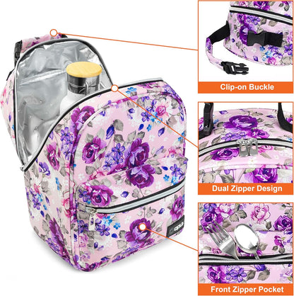 opux Lunch Box for Girls Boys Kids, Insulated Leakproof Lunch Bag, Reusable Teen Lunch Boxes for School, Medium Large lunchbox for Women Men Adult for Work with Front Back Pocket (Floral Purple)