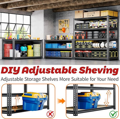 48"W Garage Shelving, 3050LBS Storage Shelves heavy duty, 5 Tier Metal Shelving Unit Adjustable Garage Shelves Heavy Duty Shelving for Warehouse,Commercial, Kitchen, 48" W × 24" D × 72" H, Black，2PCS
