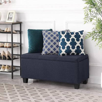 Set of 3 Hinged Storage Ottoman, 38'' Ottoman Bench with Storage and Thick Seating, End of Bed Bedroom Bench Window Bench with 2pcs Small Foot Rest (Blue - Fabric)