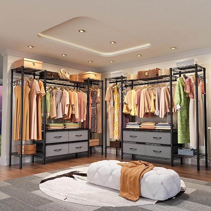 Large Garment Rack Heavy Duty Clothes Rack,Freestanding Closet Portable Clothing Rack with 8 Adjustable Wire Shelves,3 Hang Rods,4 Fabric Drawers,2 Hooks,Metal Closet Storage Wardrobe,MaxLoad 900lbs