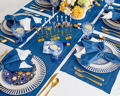 Solino Home Linen Table Runner 48 Inches - 100% Pure Linen Indigo Blue Hemstitch Table Runner 14 x 48 Inch Ideal for Dresser and Coffee Tables - Christmas, Holiday, New Year - Classic Hemstitch