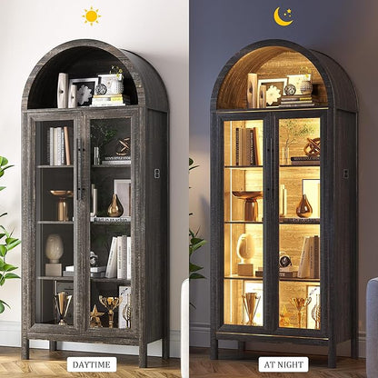 Arched Kitchen Pantry Cabinet with Glass Doors, Display Curio Case with 3 Color LED Lights for Collectibles, Modern 5-Tier Storage Hutch Cabinet Brown