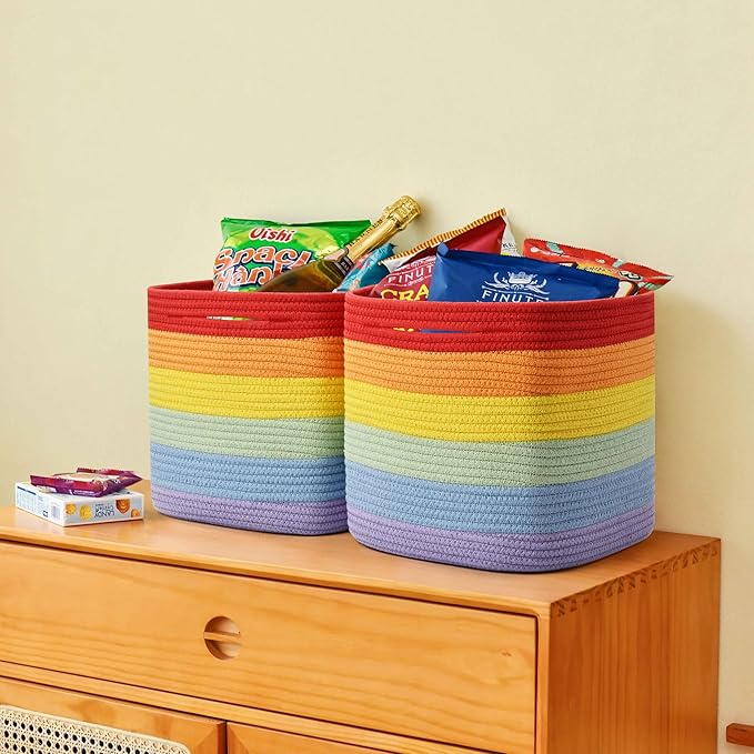 3 Pack Storage Cubes 11 Inch Cotton Rope Woven Baskets for Organizing Cube Bin Square Shelves Organizer,Classroom,Kids Toy Bins,Closet,Baby Nursery(Rainbow)