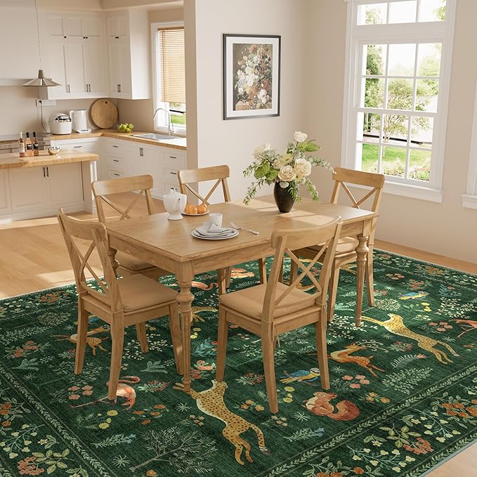 DUKINO 5x7 Rug, Washable Animal Living Room Rug with Non Slip Vintage Design, Soft Low Pile Large Carpet for Bedroom, Nursery, Dining Room, Farmhouse, Playroom, Green