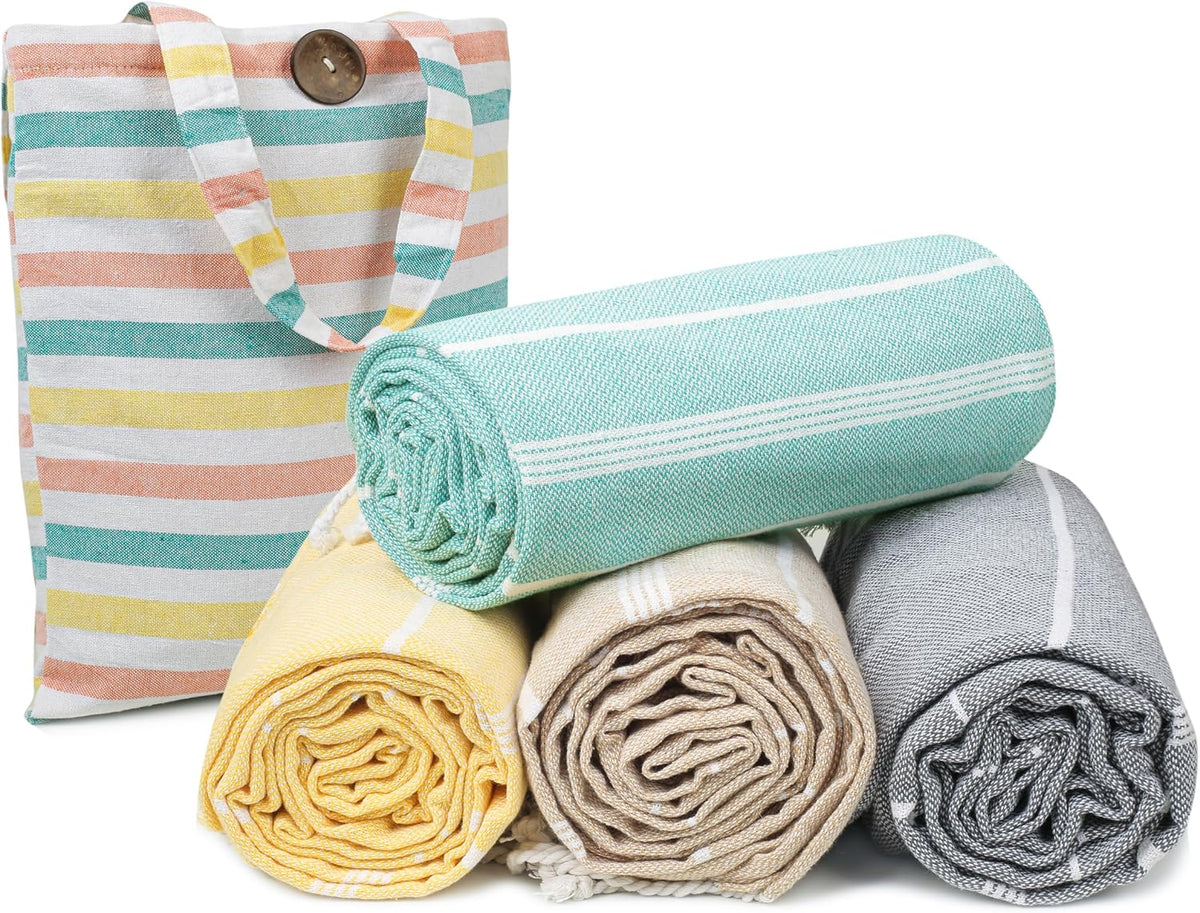 HILLFAIR Cotton Turkish Beach Towels, Quick Dry Lightweight Sand Free Peshtemal Towel for Bath Swim Yoga Pool Travel, Beach Accessories, Oversized Turkish Towel (39 x 72 inch- 4 Pack Multicolor)