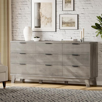 Fluted Dresser with 9 Drawers, 63" Wide Modern Chest of Drawers with Metal Handle, Wooden Dresser TV Stand, Wood Closet Clothes Storage Organizer for Bedroom, Living Room, Hallway, Light Grey