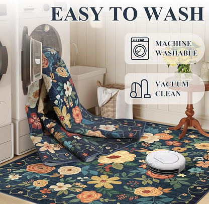 DUKINO Runner Rug, 2x7 Boho Kitchen Rug for Hallways with Low Pile Design, Washable Non Slip Backing Soft Floral Runner for Kitchen, Hallway, Entryway, Bedroom, Laundry, Navy Blue