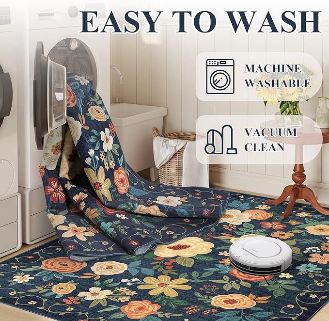 DUKINO 2x3 Rugs for Entryway, Floral Indoor Washable Door Mat, Non Slip Boho Small Rug for Kitchen, Soft Low Pile Front Door Throw Rug for Entrance, Bedroom, Kitchen, Laundry, Bathroom, Dark Blue