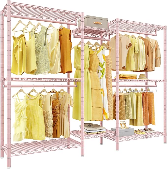 Raybee Clothes Rack,Clothing Racks for Hanging Clothes Heavy Duty,Adjustable Garment Rack with Shelves,Rolling Clothes Rack Max Load 905LBS,75" W x 77" H x 17.8" D Pink