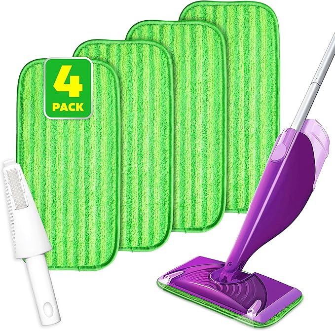 4 Pack Reusable Microfiber Mop Pads, Compatible with Wet Jet, Machine Washable Cloths, Scraper Included, Refills for All Floor Cleaning, Wet Dry - 10"- 12"