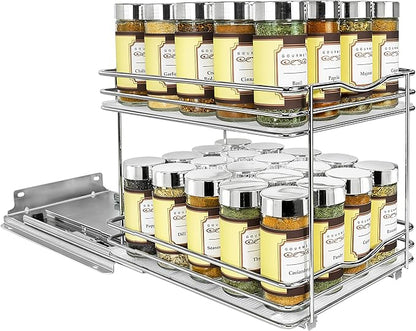 LYNK PROFESSIONAL® Pull Out Spice Rack Organizer for Inside Kitchen Cabinets - 8-1/4 inch Wide - Slide Out Drawer – Chrome Sliding Spice Cabinet Organization Shelf Racks - 2 Tier