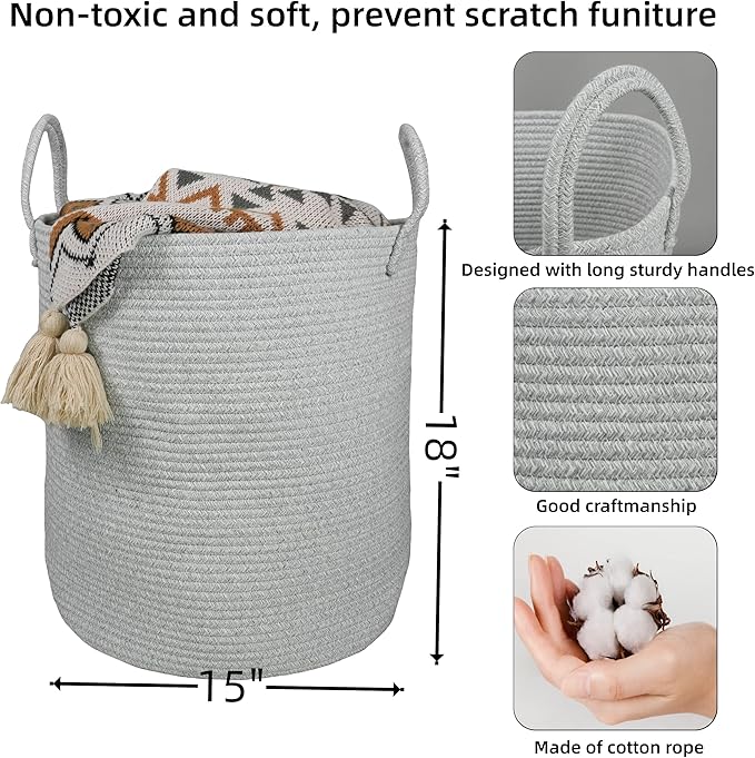 Cotton Rope Laundry Basket Hamper for Clothes Woven Storage Basket for Living Room Bedroom Boho Tall Rope Baskets for Blanket Toys Pillow Towels Baby Nursery Hamper Bin Large light grey