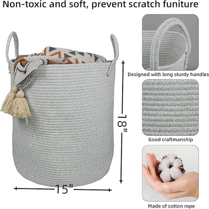 Cotton Rope Laundry Basket Hamper for Clothes Woven Storage Basket for Living Room Bedroom Boho Tall Rope Baskets for Blanket Toys Pillow Towels Baby Nursery Hamper Bin Large light grey