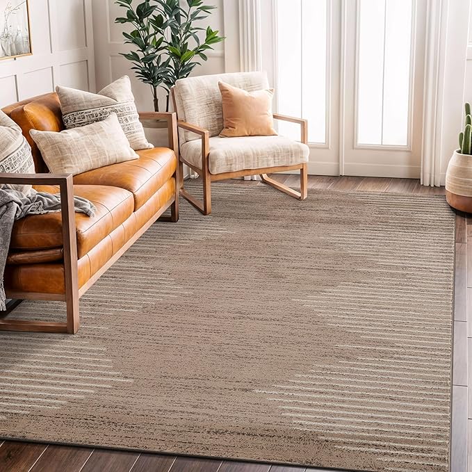 Rugshop Bohemian Stripe Stain Resistant High Traffic Living Room Kitchen Bedroom Dining Home Office Area Rug 5' x 7' Beige
