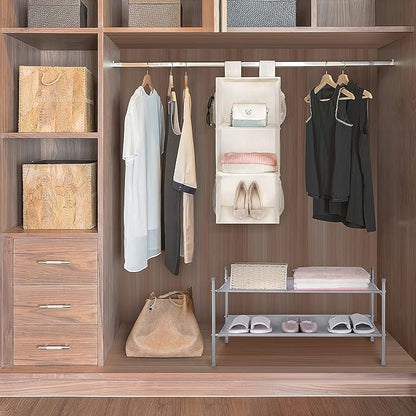 MAX Houser 3-Shelf Hanging Closet Organizer, Hanging Sweater Organizer, Foldable Hanging Shelves for Closet with 2 Velcro, Beige
