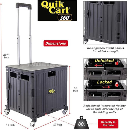 dbest products Quik Cart 360 Four Wheeled Rolling Crate Teacher Utility with seat Heavy Duty Collapsible Basket with Handle, Black