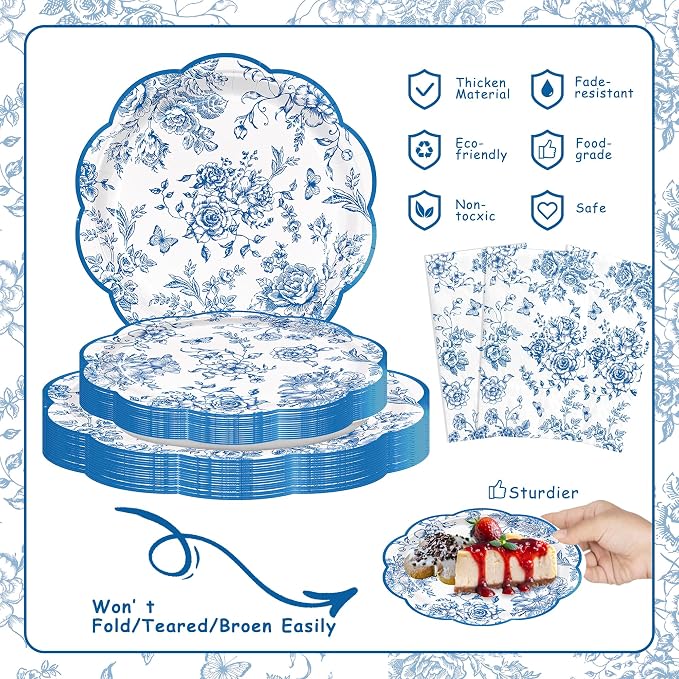 100pcs Blue Floral Paper Plates Napkins Flower Scalloped Tableware | Disposable