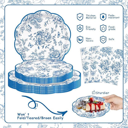 100pcs Blue Floral Paper Plates Napkins Flower Scalloped Tableware | Disposable