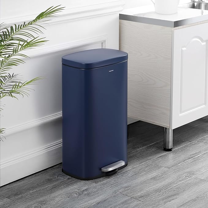 happimess HPM1011E Curtis 8-Gallon Step-Open Trash Can, Fingerprint Resistant, Modern, Minimalistic for Home, Kitchen, Laundry Room, Office, Bedroom, Bathroom, Denim Blue