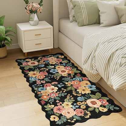 DUKINO 2x4 Washable Runner Rugs, Non Slip Floral Print Entryway Rug with Soft Low Pile, Lightweight Mat for Living Room, Bathroom, Bedroom, Kitchen, Black