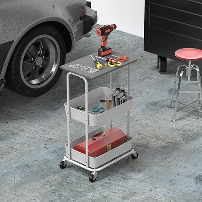 Simple Houseware 2-Tier Rolling Utility Cart with Lockable Wheels and Wood Top, Metal Storage Organizer Trolley for Kitchen, Bathroom, Office, Craft Room, Grey