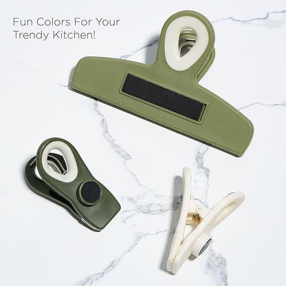 COOK WITH COLOR Bag Clips - Heavy Duty Chip Clip and Refrigerator Magnet Clips for Food Storage with Air Tight Seal Grip, Sage, Pack of 8