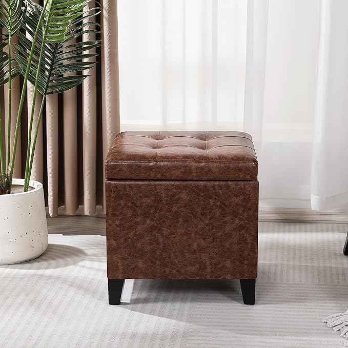 Adeco 18" Storage Ottoman Foot Rest Stool, Walnut Leather Ottoman with Black Solid Wood Legs and Hinged Lid, Small Foot Stool for Living Room, Bedroom