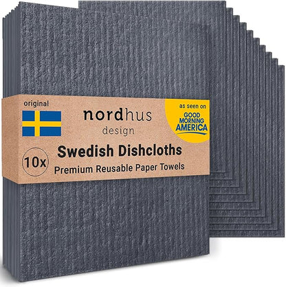 Nordhus Design Swedish Dishcloths, Black Charcoal/Dark Grey, 10-Pack, Reusable, Washable Cellulose Cotton Kitchen Cloths - Replace Paper Towels, Wipes, Sponges, Dish Rags