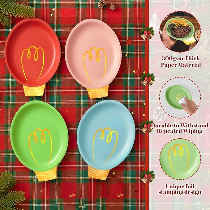 OuMuaMua 100Pcs Christmas Paper Plates Disposable, Heavy Duty Christmas Light Bulb Design Party Supplies Serve 50, Fancy Disposable Dinnerware Set with Gold Foil for Holiday Home Xmas Party Decor