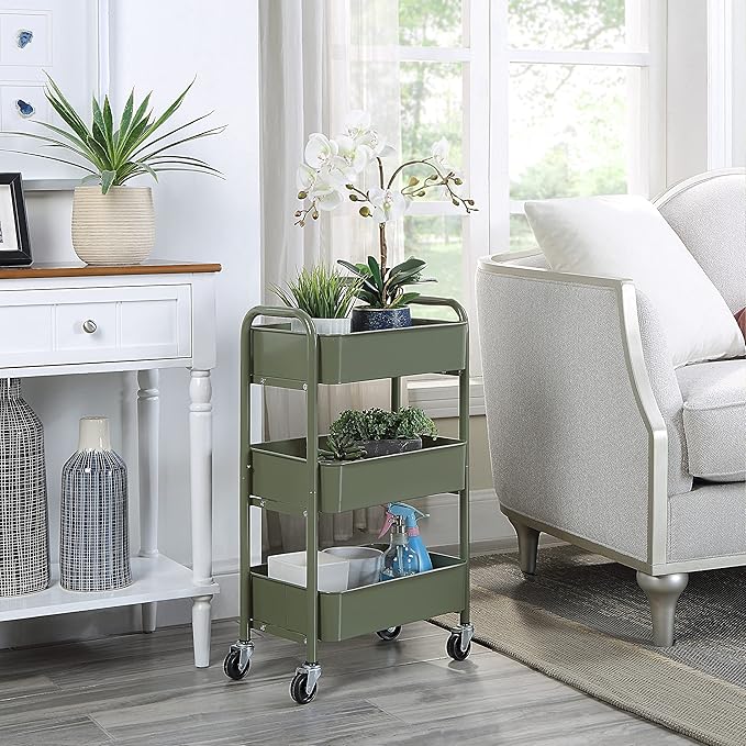 SunnyPoint 3-Tier Delicate Compact Rolling Metal Storage Organizer - Mobile Utility Cart Kitchen/Under Desk Cart with Caster Wheels - Army (15.35" X 10.24" X 26.8"H)