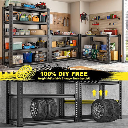 REIBII Garage Shelving Load 2000 LBS, Adjustable 5-Tier Storage Shelves, Metal Shelving Units and Storage Rack Shelf for Garage, Basement, Kitchen, 32" W x 17" D x 72" H, Black, 2PC