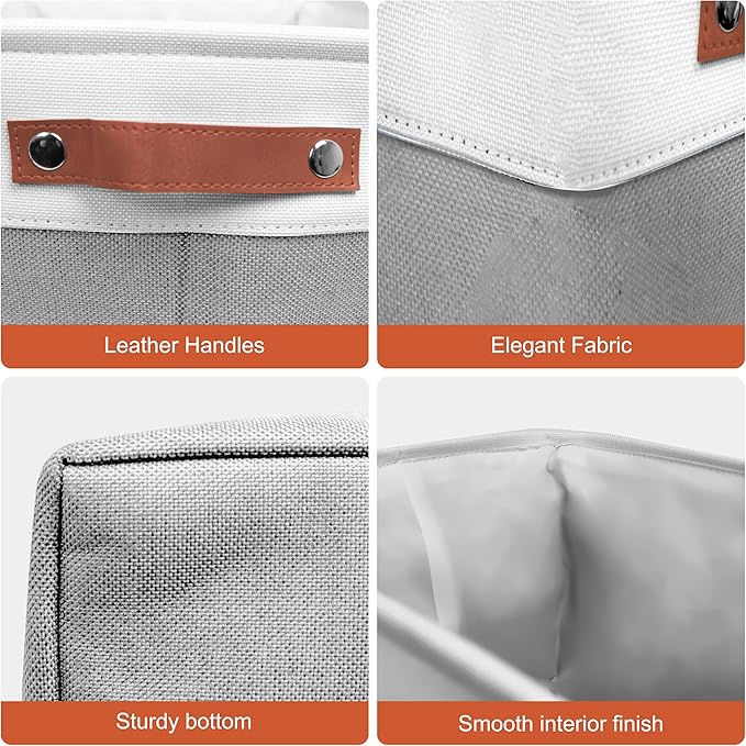 13in Open Fabric Storage Basket with Leather Handles for Organizing, Collapsible Linen Closet Bins for Shelves, Closets, Laundry, Decorative Basket for Gifts. (White＆Gray, 3PCS/13x13in)