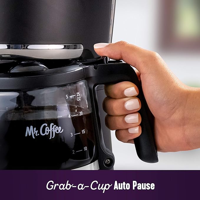 Mr. Coffee Programmable Coffee Maker 5 Cups with Auto Pause Glass Carafe Compact Design Black