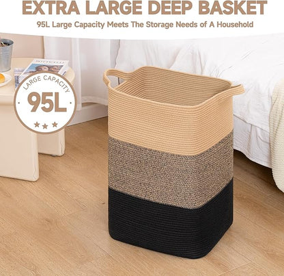CLHMILY&Z 95L Laundry Basket Rectangular Black Jute Rope - 16x15x24 Inches - Dirty Clothes and Soft Storage Bin for Blankets, Toys, and Nursery Essentials