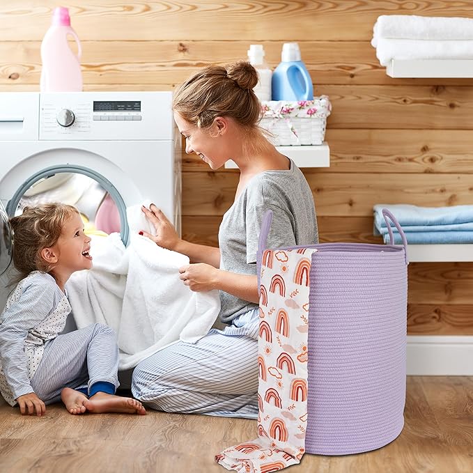 Cotton Rope Laundry Basket Hamper for Clothes Woven Storage Basket for Living Room Bedroom Boho Tall Rope Baskets for Blanket Toys Pillow Towels Baby Nursery Hamper Bin Large purple