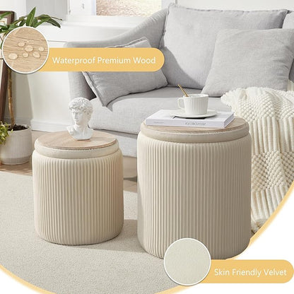 Round Ottoman with Storage Set of 2,Vanity Stool with Storage for Bedroom, Ottoman Coffee Table,Small Velvet Foot Stool for Living Room, Beige