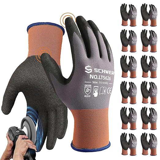 Schwer 12 Pairs Safety Work Gloves with Sandy Nitrile Coating LT5626, Max Abrasion Resistance Heavy Duty Glove with Grip for Men Women, Ideal for General Use, Mechanic, Construction, Gardening, 2XL