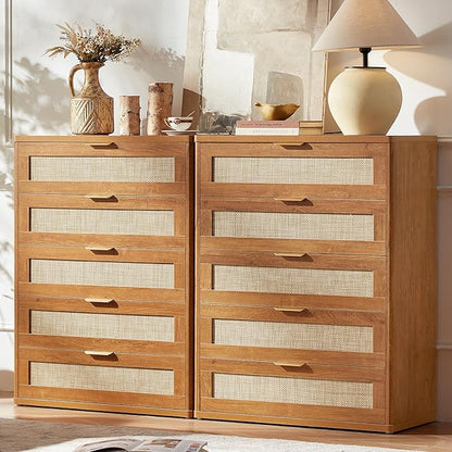 LEYAOYAO Rattan Dresser for Bedroom Set 2, 41" Tall Chest of Drawers, Modern 5 Drawers Boho Dressers with Storage, Light Oak Dresser Wooden Closet Organizer for Living Room, Hallway, Tea Brown