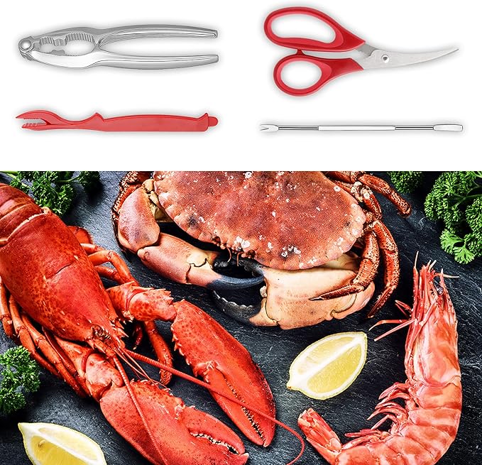 Crab Crackers and Tools, 27-piece Seafood Tools Set, Includes 8 Crab Leg Crackers, 8 Lobster Shellers, 8 Crab Leg Forks/Picks, 2 Seafood Scissors & Storage Bag, Nut Cracker Set