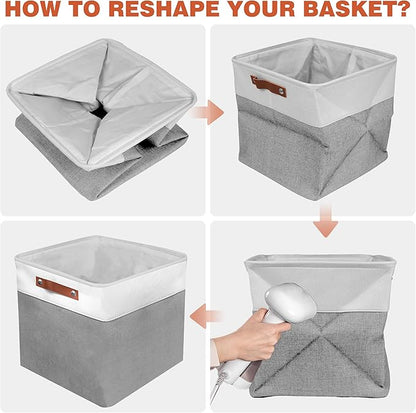 13in Open Fabric Storage Basket with Leather Handles for Organizing, Collapsible Linen Closet Bins for Shelves, Closets, Laundry, Decorative Basket for Gifts. (White＆Gray, 3PCS/13x13in)