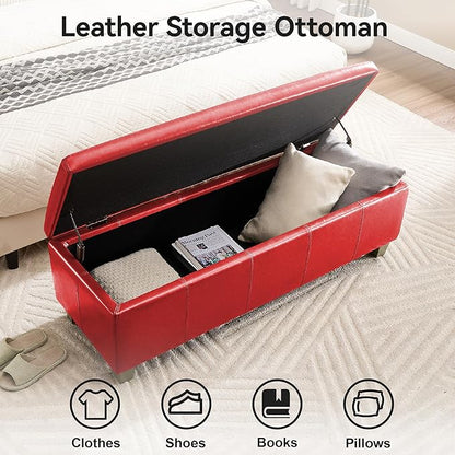 41" Faux Leather Storage Ottoman, Stitch Tufted Rectangle Upholstered End of Bed Storage Bench, Entryway Large Couch Ottoman with Wooden Legs,Red