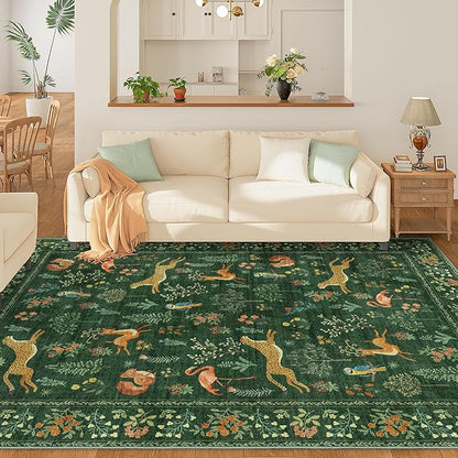 DUKINO 5x7 Rug, Washable Animal Living Room Rug with Non Slip Vintage Design, Soft Low Pile Large Carpet for Bedroom, Nursery, Dining Room, Farmhouse, Playroom, Green