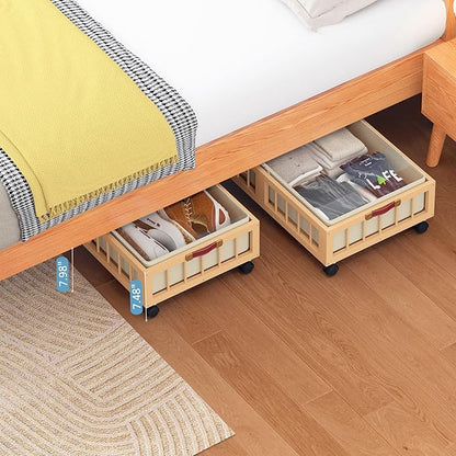 efluky 2-Pack Bamboo Under Bed Storage Containers with Wheels, Under Bed Clothes Storage Basket with Large Dust Bag, Rolling UnderBed Storage for Bedroom, Dorm and Basement, Nature