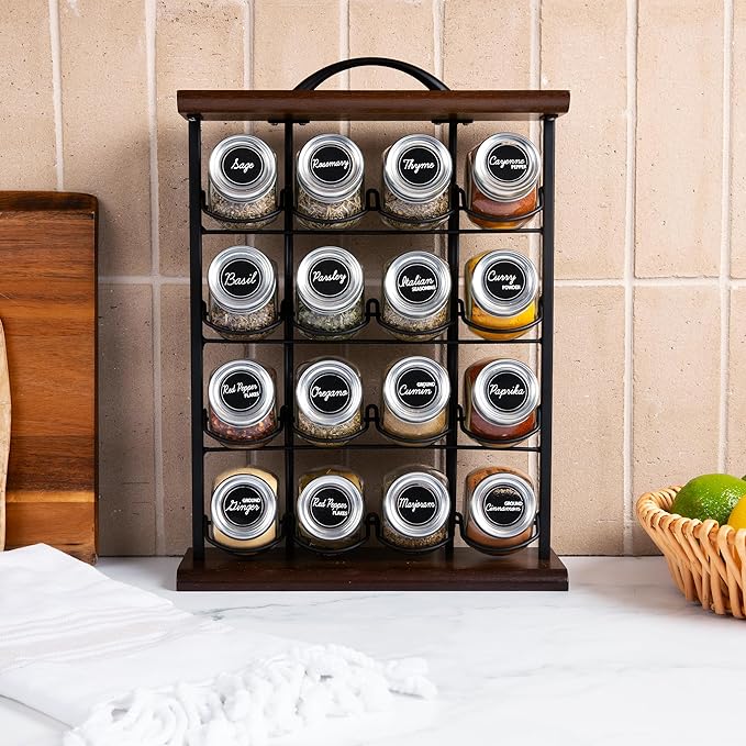 Orii 16 Jar Acacia Wood & Metal Wire Spice Rack with Spices Included, Storage for Spices and Seasoning, Black & Brown
